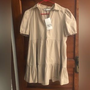 NWT  Zara beige linen v-neck tiered puff sleeve dress.